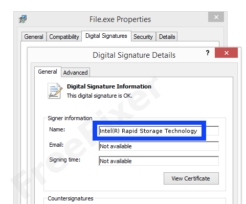 Screenshot of the Intel(R) Rapid Storage Technology certificate